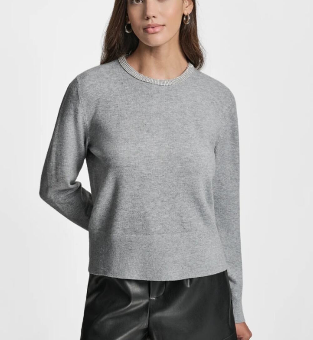 DKNY Heather Gray Jeweled Crew Neck Sweater Size Large Rhinestone